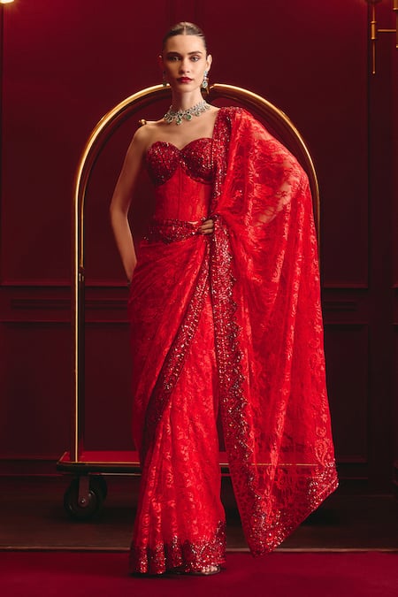 Angad Singh Vermilion Reign Embroidered Saree Set 