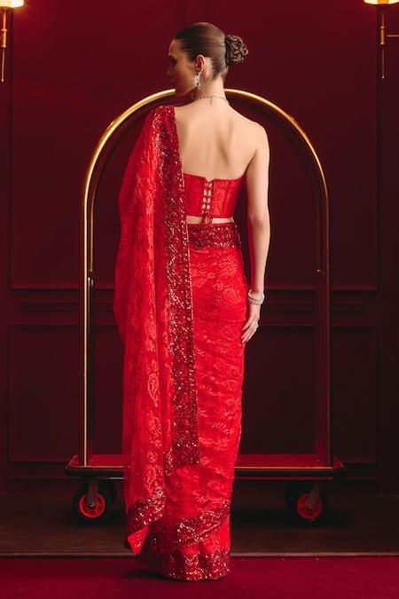 Angad Singh Vermilion Reign Embroidered Saree Set 