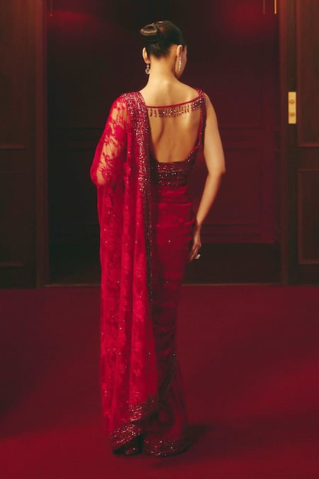 Angad Singh Crimson Dominion Chantilly Saree Set 