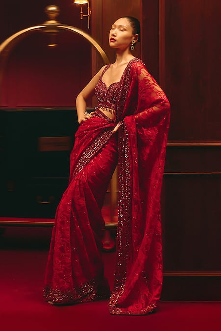 Angad Singh_Red Chantilly Embroidery, Sequins Square Neck Saree With Blouse _at_Aza_Fashions