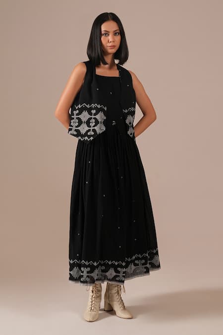 Indigo Dreams Jamdani Dress & Waistcoat Set 