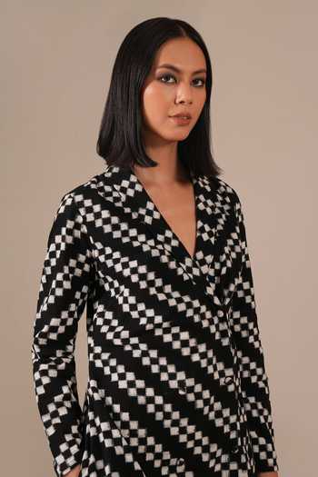 Shop Indigo Dreams Black Cotton Shawl Neck Handwoven Double Ikat Dress Shop_Indigo Dreams_Black Cotton Shawl Neck Handwoven Double Ikat Dress