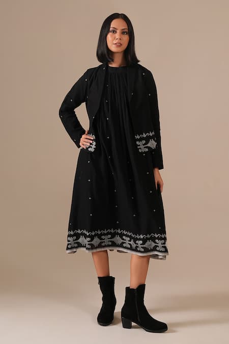 Indigo Dreams Handwoven Jamdani Dress With Jacket 