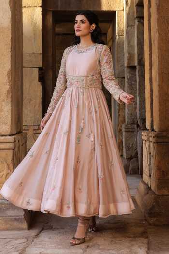 Buy_Label Niti Bothra_Pink Silk, Modal, Organza Embroidery, Zari Round Neck Anarkali And Churidar Set _Online_at_Aza_Fashions