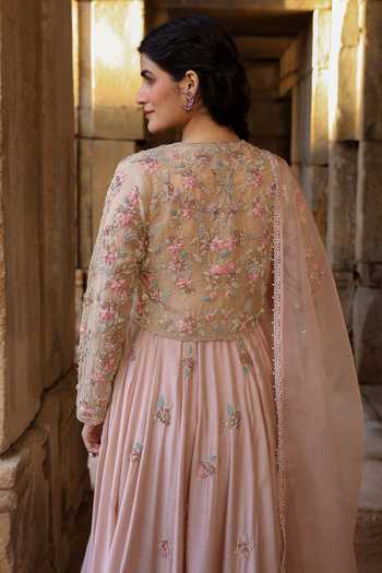 Label Niti Bothra_Pink Silk, Modal, Organza Embroidery, Zari Round Neck Anarkali And Churidar Set _at_Aza_Fashions