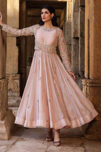 Buy_Label Niti Bothra_Pink Silk, Modal, Organza Embroidery, Zari Round Neck Anarkali And Churidar Set 