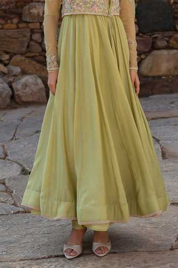 Buy_Label Niti Bothra_Green Silk, Modal Embroidery, Zari Round Neck Resham Anarkali Set _Online_at_Aza_Fashions