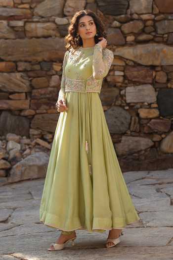 Label Niti Bothra_Green Silk, Modal Embroidery, Zari Round Neck Resham Anarkali Set _at_Aza_Fashions