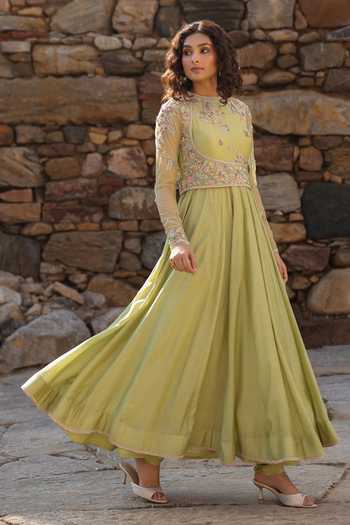 Buy_Label Niti Bothra_Green Silk, Modal Embroidery, Zari Round Neck Resham Anarkali Set 