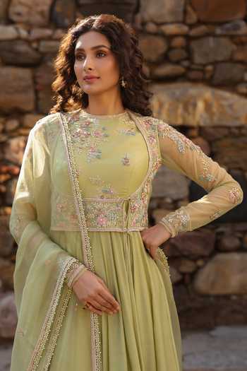 Shop_Label Niti Bothra_Green Silk, Modal Embroidery, Zari Round Neck Resham Anarkali Set 