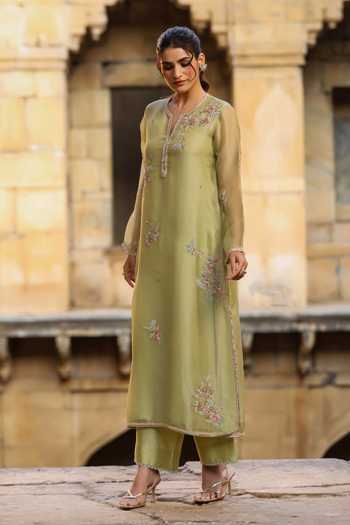 Label Niti Bothra_Green Silk, Tencel, Organza Pearls, Zari, Embroidery Floral Kurta Pant Set _Online_at_Aza_Fashions