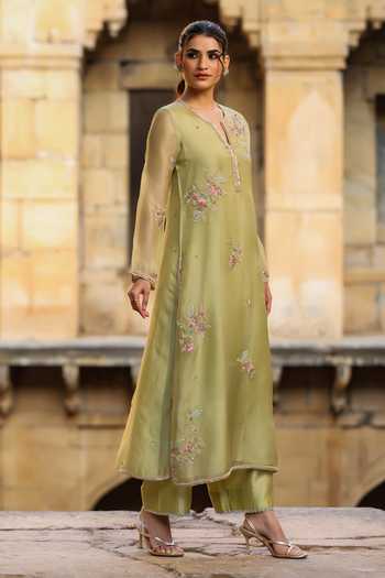 Shop_Label Niti Bothra_Green Silk, Tencel, Organza Pearls, Zari, Embroidery Floral Kurta Pant Set _Online_at_Aza_Fashions