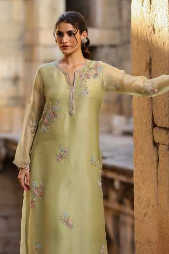 Shop_Label Niti Bothra_Green Silk, Tencel, Organza Pearls, Zari, Embroidery Floral Kurta Pant Set 