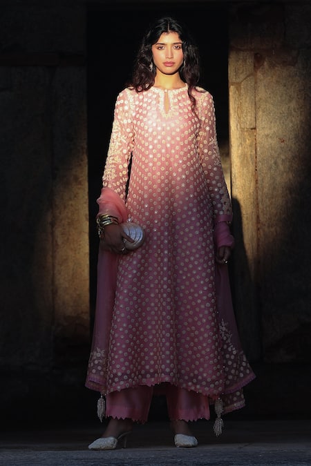 Label Niti Bothra_Pink Silk, Organza, Tencel Pearls, Zari, Embroidery Keyhole Dori Work Kurta Set _Online_at_Aza_Fashions