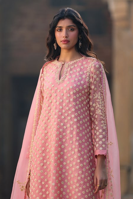 Buy_Label Niti Bothra_Pink Silk, Organza, Tencel Pearls, Zari, Embroidery Keyhole Dori Work Kurta Set _Online_at_Aza_Fashions