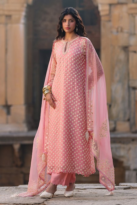 Shop_Label Niti Bothra_Pink Silk, Organza, Tencel Pearls, Zari, Embroidery Keyhole Dori Work Kurta Set _Online_at_Aza_Fashions