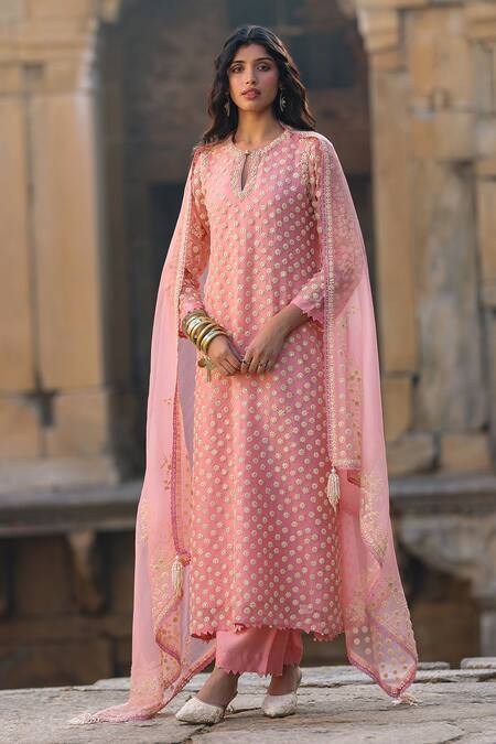 Label Niti Bothra_Pink Silk, Organza, Tencel Pearls, Zari, Embroidery Keyhole Dori Work Kurta Set _at_Aza_Fashions