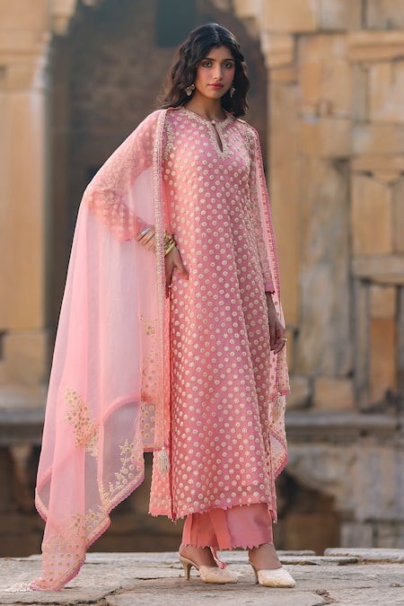 Shop_Label Niti Bothra_Pink Silk, Organza, Tencel Pearls, Zari, Embroidery Keyhole Dori Work Kurta Set 