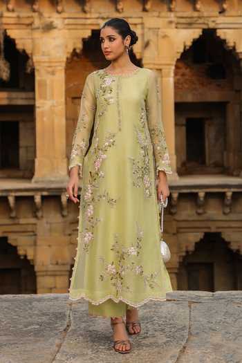 Buy_Label Niti Bothra_Green Silk, Organza, Tencel Pearls, Zari Round Floral Embroidered Kurta Set _Online_at_Aza_Fashions