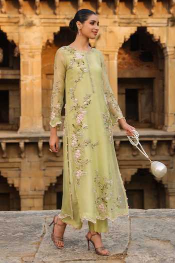 Shop_Label Niti Bothra_Green Silk, Organza, Tencel Pearls, Zari Round Floral Embroidered Kurta Set _Online_at_Aza_Fashions