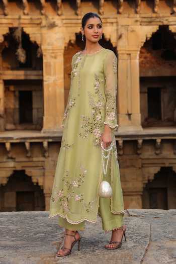Label Niti Bothra_Green Silk, Organza, Tencel Pearls, Zari Round Floral Embroidered Kurta Set _at_Aza_Fashions