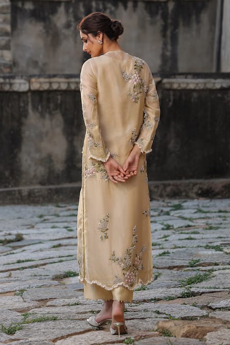 Label Niti Bothra_Beige Silk, Tencel, Organza Embroidery, Pearls, Zari Round Resham Kurta Set _Online_at_Aza_Fashions