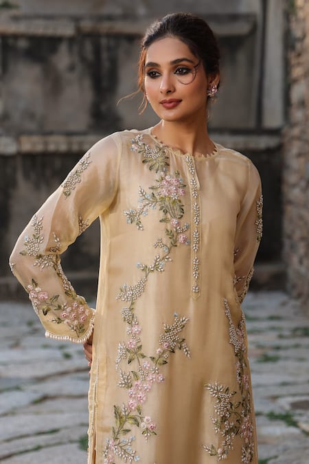 Buy_Label Niti Bothra_Beige Silk, Tencel, Organza Embroidery, Pearls, Zari Round Resham Kurta Set _Online_at_Aza_Fashions