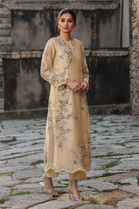 Shop_Label Niti Bothra_Beige Silk, Tencel, Organza Embroidery, Pearls, Zari Round Resham Kurta Set _Online_at_Aza_Fashions