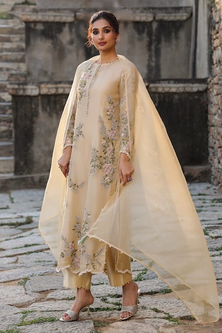 Label Niti Bothra_Beige Silk, Tencel, Organza Embroidery, Pearls, Zari Round Resham Kurta Set _at_Aza_Fashions