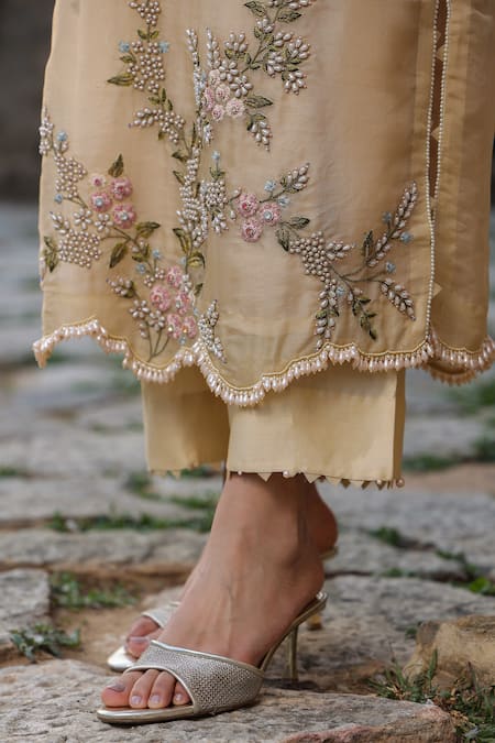 Buy_Label Niti Bothra_Beige Silk, Tencel, Organza Embroidery, Pearls, Zari Round Resham Kurta Set 