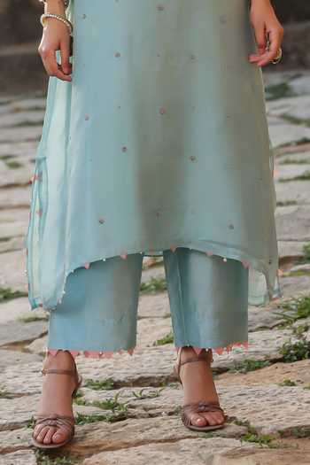 Label Niti Bothra_Blue Silk, Organza, Tencel Embroidery, Pearls Keyhole Neck Resham Work Kurta Set _Online_at_Aza_Fashions