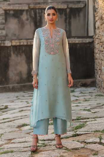 Buy_Label Niti Bothra_Blue Silk, Organza, Tencel Embroidery, Pearls Keyhole Neck Resham Work Kurta Set _Online_at_Aza_Fashions