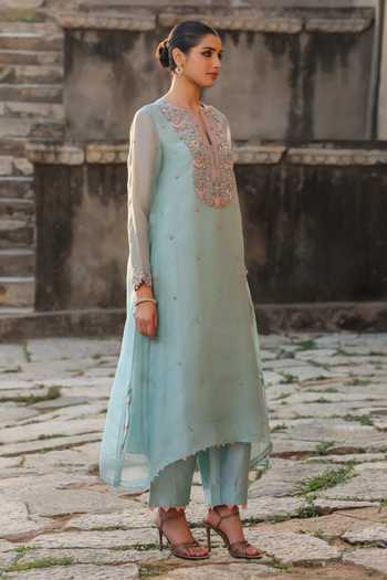 Label Niti Bothra_Blue Silk, Organza, Tencel Embroidery, Pearls Keyhole Neck Resham Work Kurta Set _at_Aza_Fashions