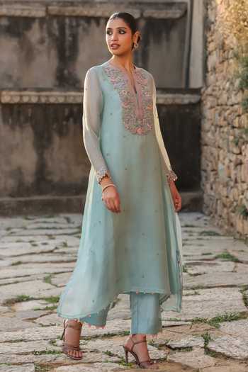 Buy_Label Niti Bothra_Blue Silk, Organza, Tencel Embroidery, Pearls Keyhole Neck Resham Work Kurta Set 