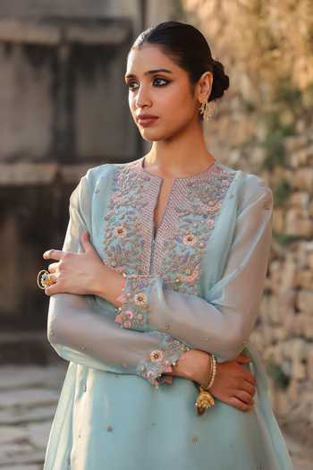 Shop_Label Niti Bothra_Blue Silk, Organza, Tencel Embroidery, Pearls Keyhole Neck Resham Work Kurta Set 