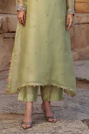 Buy_Label Niti Bothra_Green Silk, Organza, Tencel Pearls, Zari, Embroidery Split Kurta And Pant Set _Online_at_Aza_Fashions