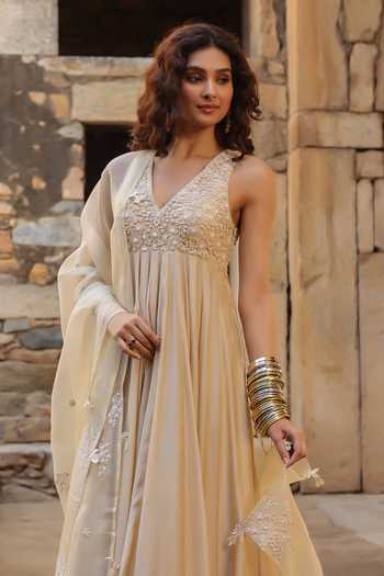 Label Niti Bothra_Ivory Silk, Modal, Organza Pearls, Applique, Embroidery V-neck Anarkali Set _Online_at_Aza_Fashions
