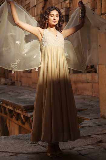 Shop_Label Niti Bothra_Ivory Silk, Modal, Organza Pearls, Applique, Embroidery V-neck Anarkali Set _Online_at_Aza_Fashions