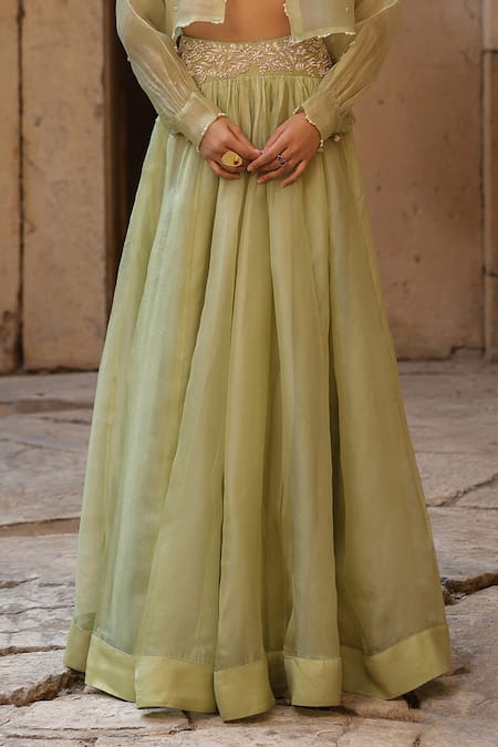 Label Niti Bothra_Green Organza Embroidery, Pearls Collared, Sweetheart Bomber Jacket Lehenga Set _Online_at_Aza_Fashions