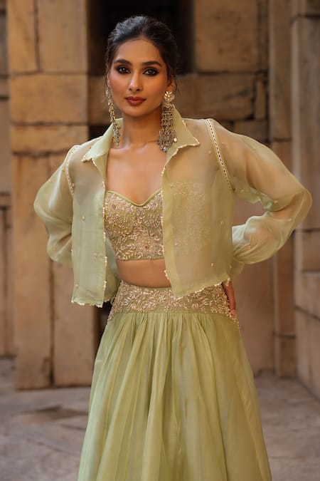 Buy_Label Niti Bothra_Green Organza Embroidery, Pearls Collared, Sweetheart Bomber Jacket Lehenga Set _Online_at_Aza_Fashions
