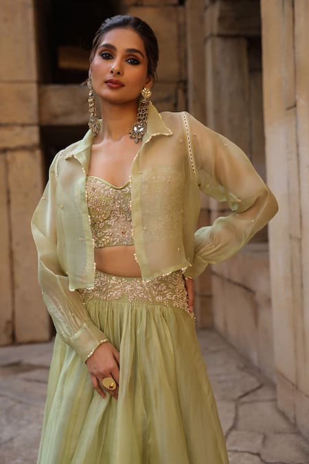 Shop_Label Niti Bothra_Green Organza Embroidery, Pearls Collared, Sweetheart Bomber Jacket Lehenga Set _Online_at_Aza_Fashions
