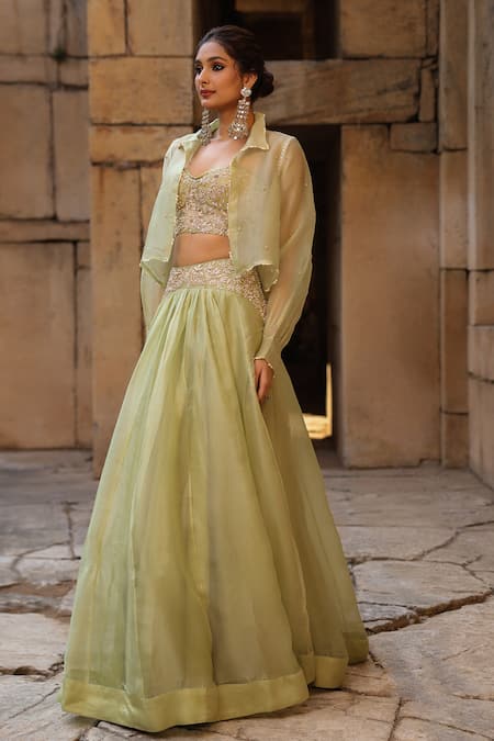 Label Niti Bothra_Green Organza Embroidery, Pearls Collared, Sweetheart Bomber Jacket Lehenga Set _at_Aza_Fashions