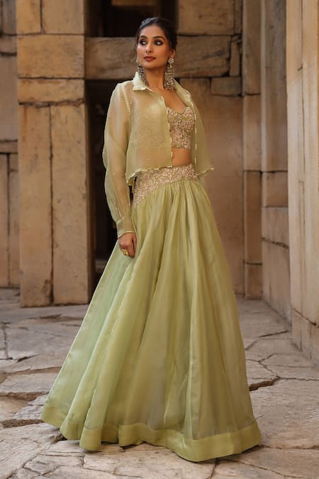 Buy_Label Niti Bothra_Green Organza Embroidery, Pearls Collared, Sweetheart Bomber Jacket Lehenga Set 