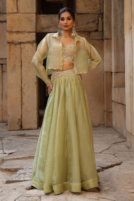 Label Niti Bothra Embroidered Bomber Jacket Lehenga Set 