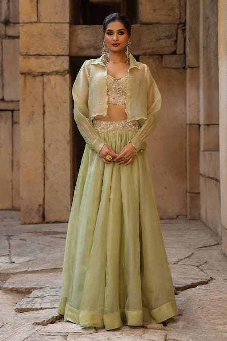 Shop_Label Niti Bothra_Green Organza Embroidery, Pearls Collared, Sweetheart Bomber Jacket Lehenga Set 
