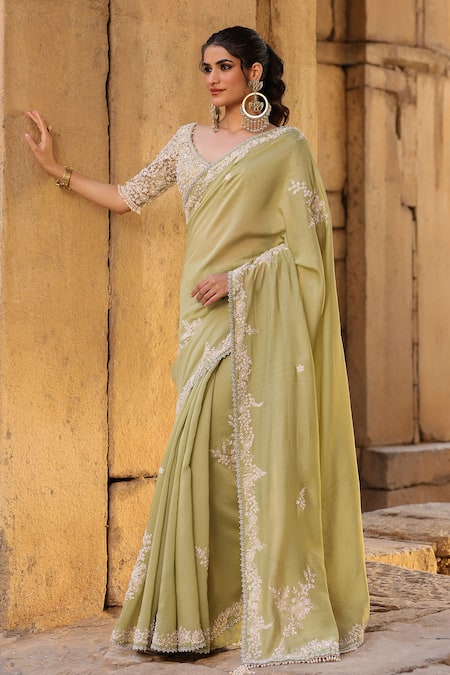 Label Niti Bothra_Green Silk, Modal Embroidery, Pearls, Applique V-neck Resham Border Saree Set _at_Aza_Fashions