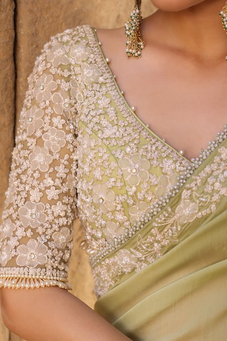 Buy_Label Niti Bothra_Green Silk, Modal Embroidery, Pearls, Applique V-neck Resham Border Saree Set 