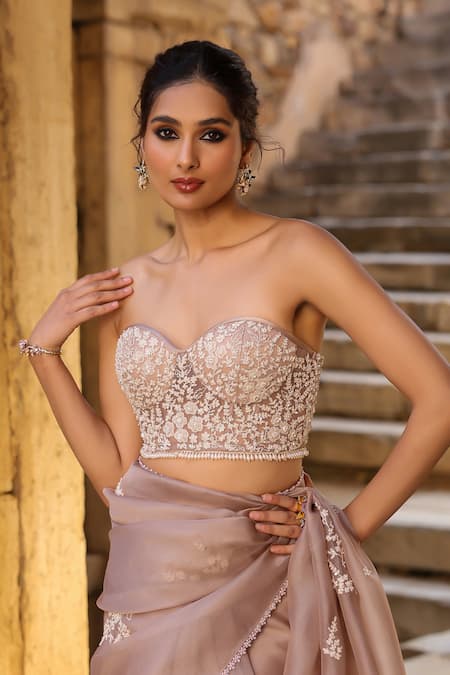 Label Niti Bothra_Brown Organza Embroidery, Pearls, Applique Sweetheart Neck Saree Set _Online_at_Aza_Fashions