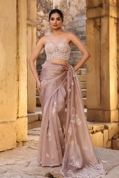 Shop_Label Niti Bothra_Brown Organza Embroidery, Pearls, Applique Sweetheart Neck Saree Set _Online_at_Aza_Fashions