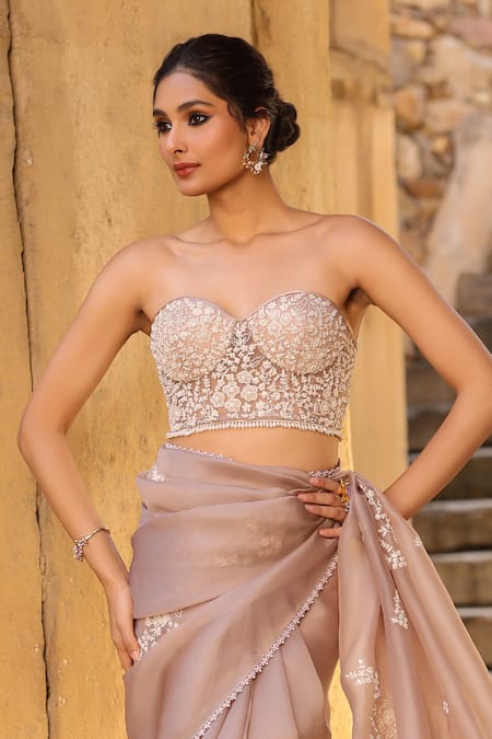 Label Niti Bothra_Brown Organza Embroidery, Pearls, Applique Sweetheart Neck Saree Set _at_Aza_Fashions